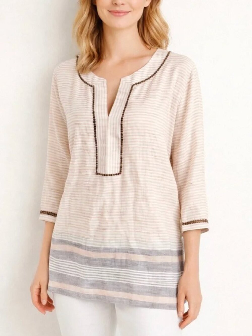 Tommy Bahama Linen Striped Print Marina Split Neck Beaded Tunic Top